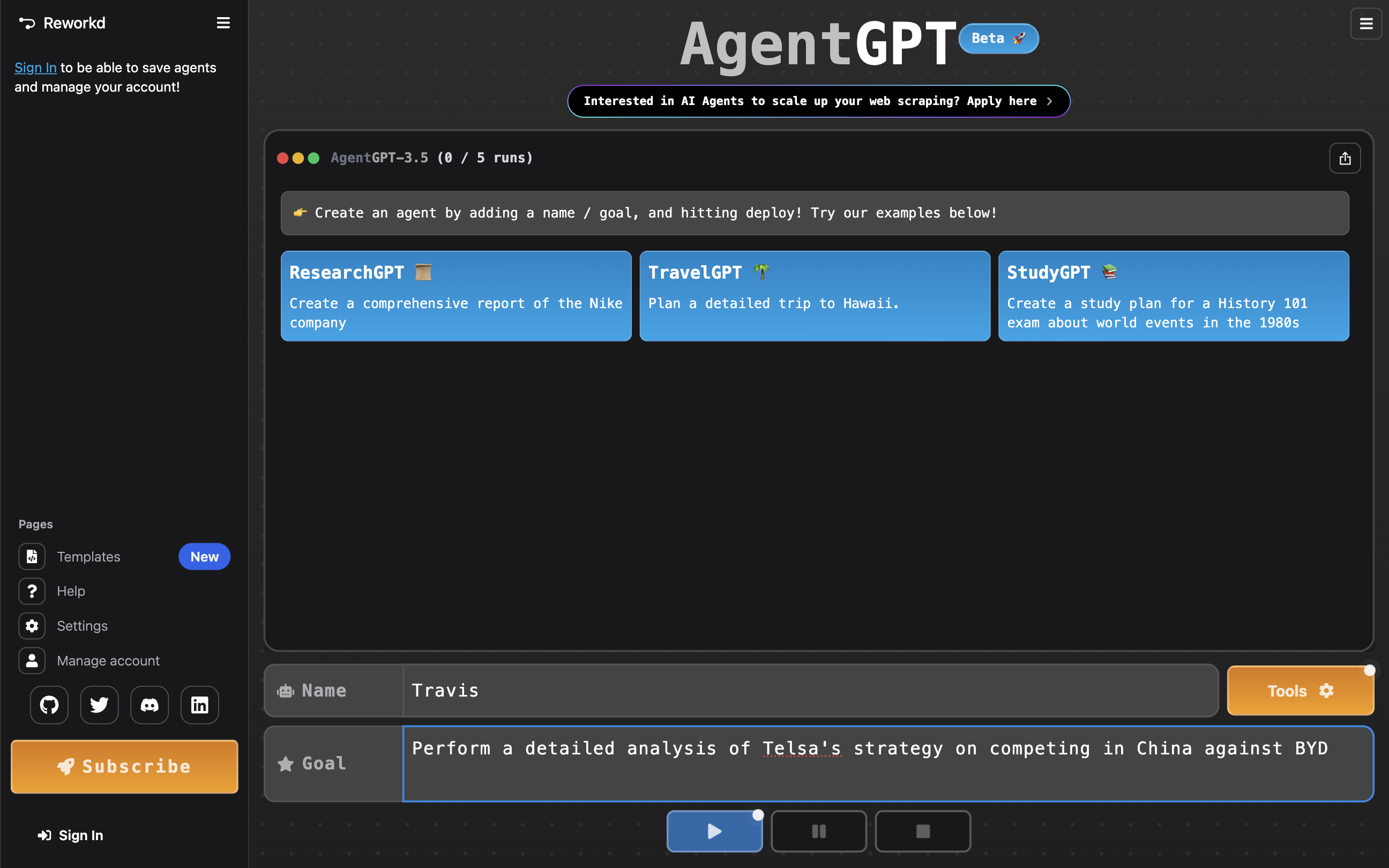 AgentGPT screenshot 1
